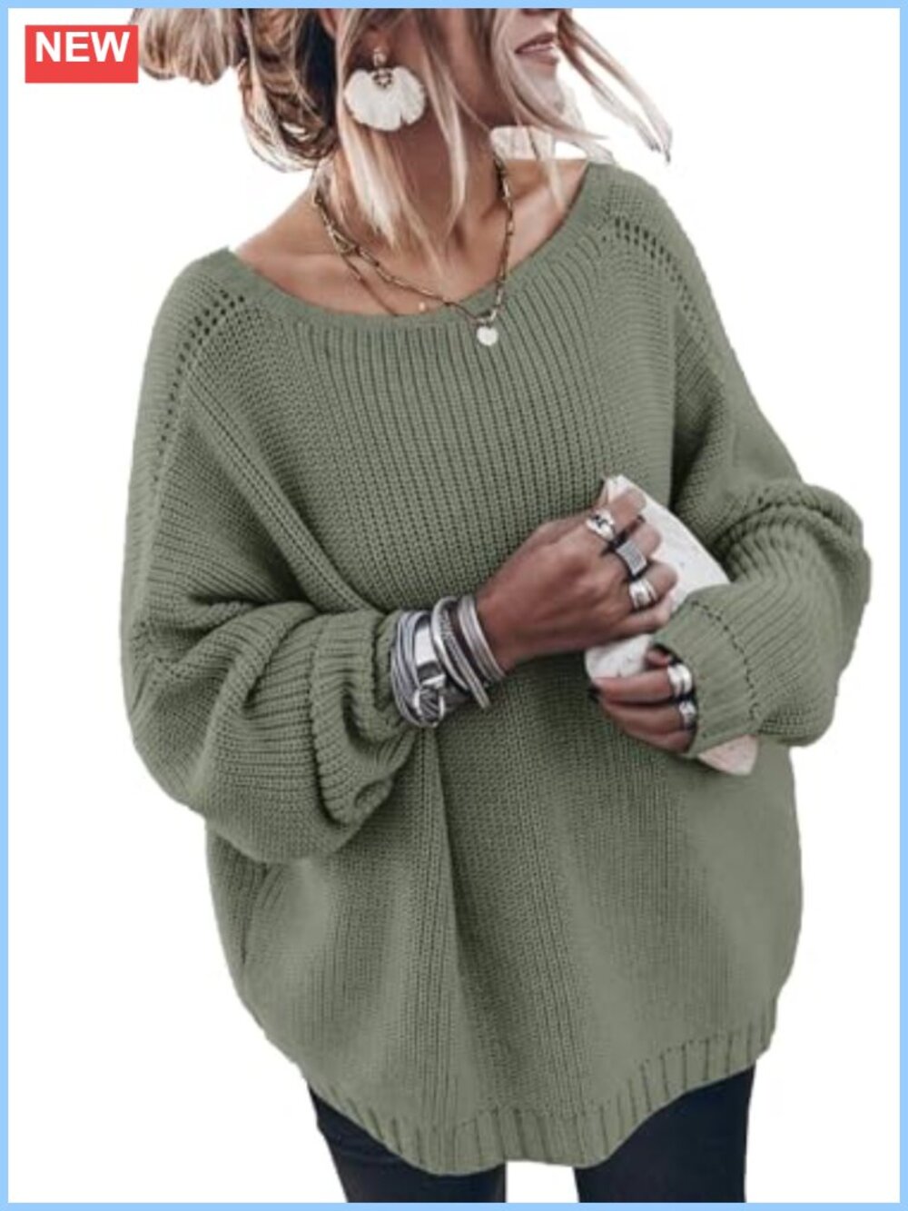 Women's Oversized Cotton Sweater Crew Neck Loose Fit Knit Pullover